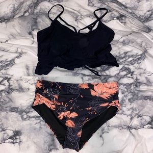 SHEIN Lace-up Floral High Waisted Bikini Swimsuit